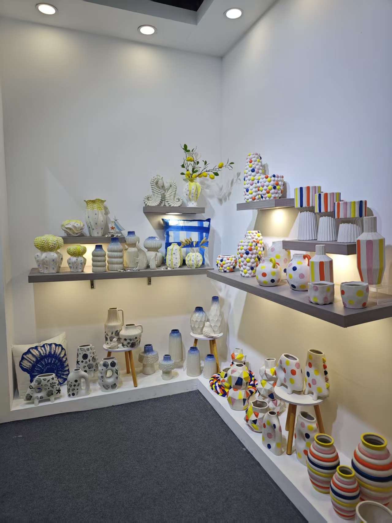 Decorative objects styled on boutique shelves